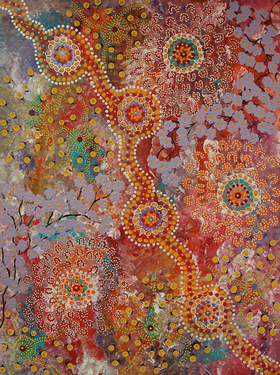 Original warm coloured traditionally styled Aboriginal dot art acrylic painting from the GleeArt