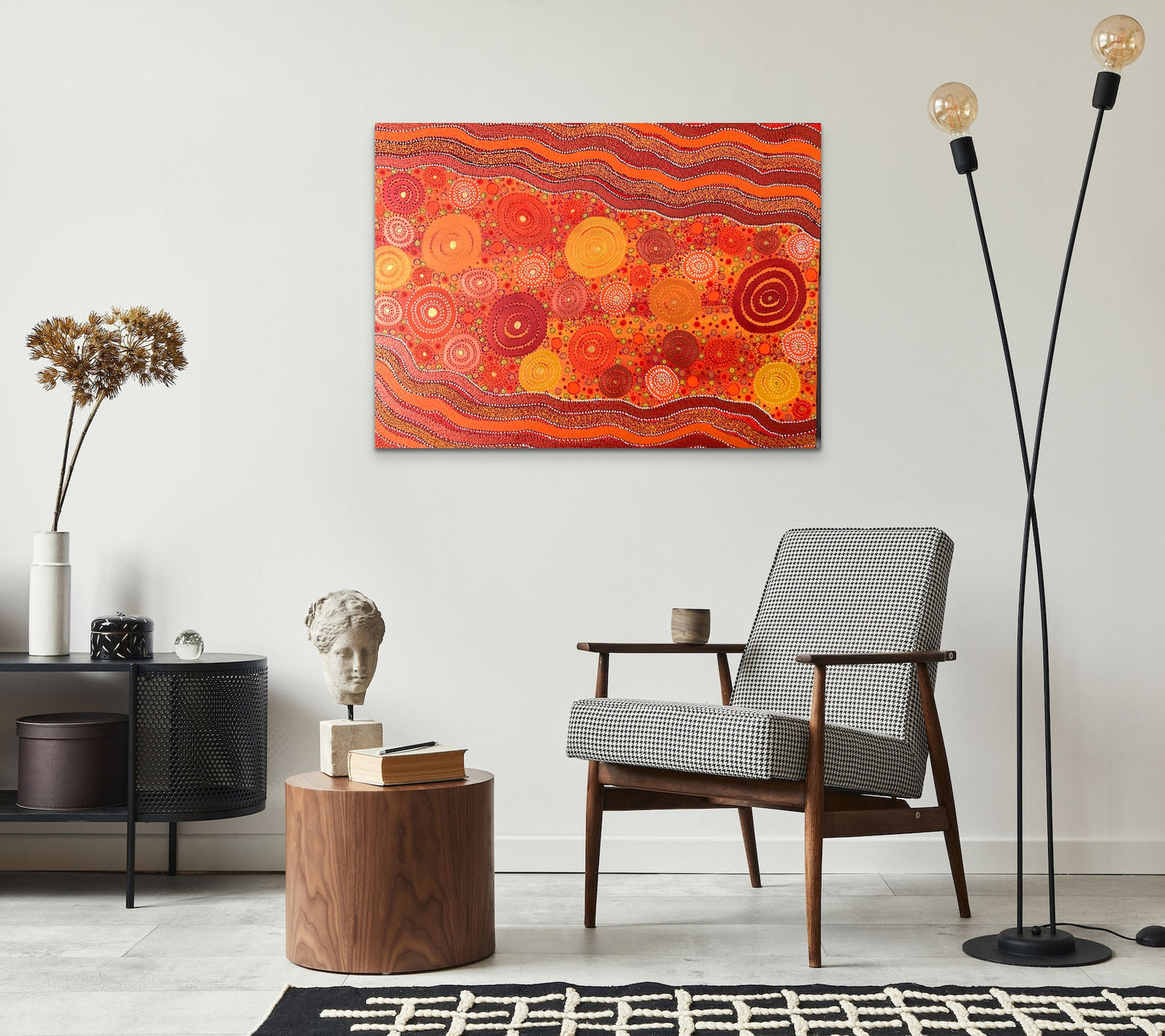 Aboriginal dot art painting in warm earthy ochre colour, Acrylic paint on stretched canvas