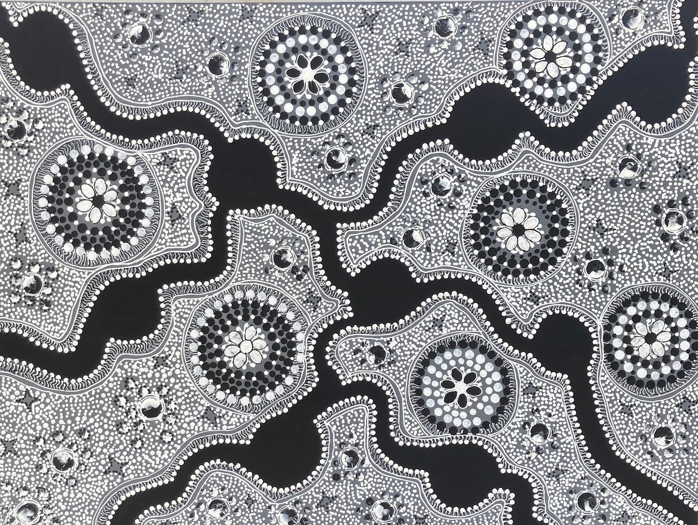 Water Holes with a flowing meandering pattern of billabongs and camp sites on country