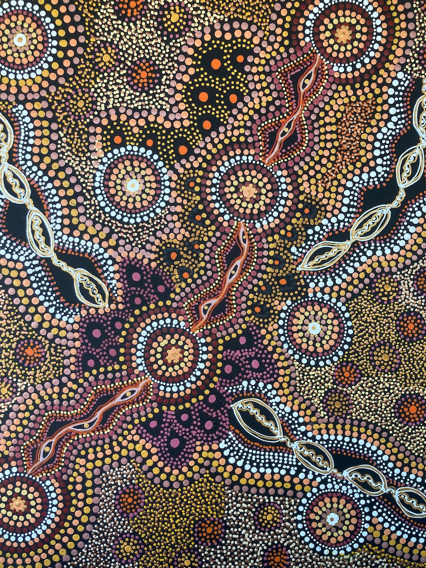 Spinifex country and song line ceremonial places in warm earthy ochre colours.
