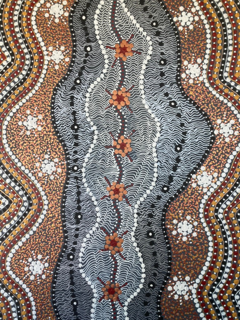 Contrasting ochre colours reveal camp sites and river flows in Aboriginal dot art style