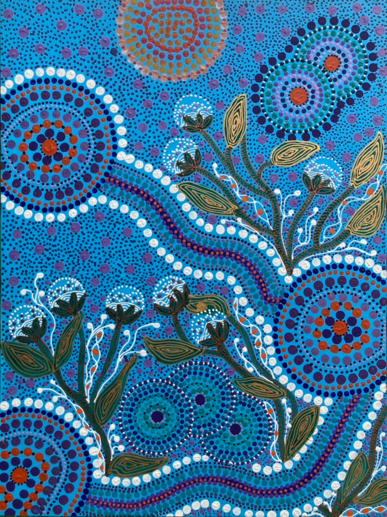 Contemporary and vibrant with strong blues and white dot art