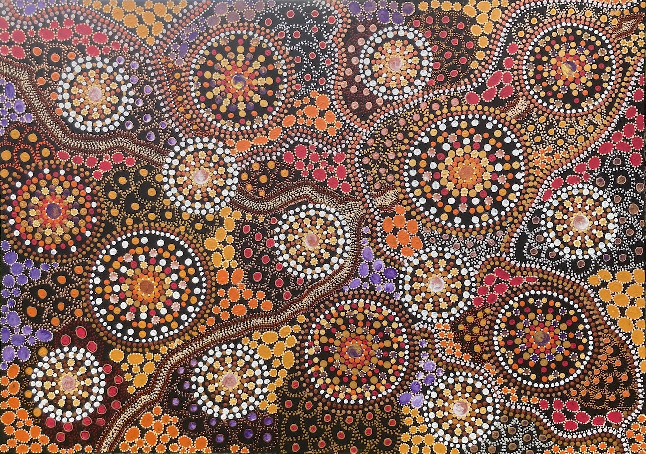 Original Aboriginal dot art acrylic painting in a balanced circular interwoven patterning design.