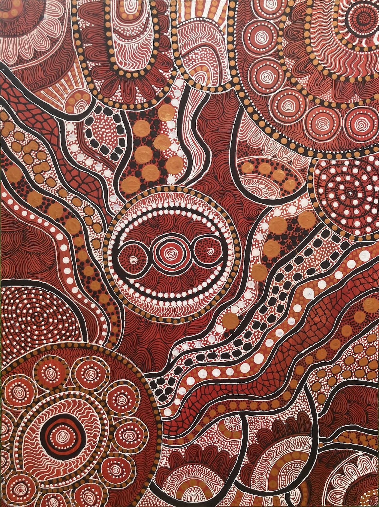 Red Ochre Country, in different hues of earthy ochre colours, in contemporary Aboriginal design.