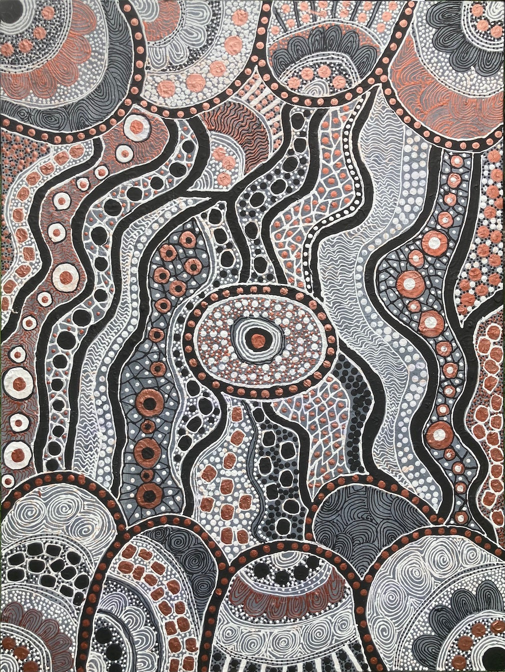 original earthy ochre coloured traditionally styled dot art acrylic painting from GleeArt