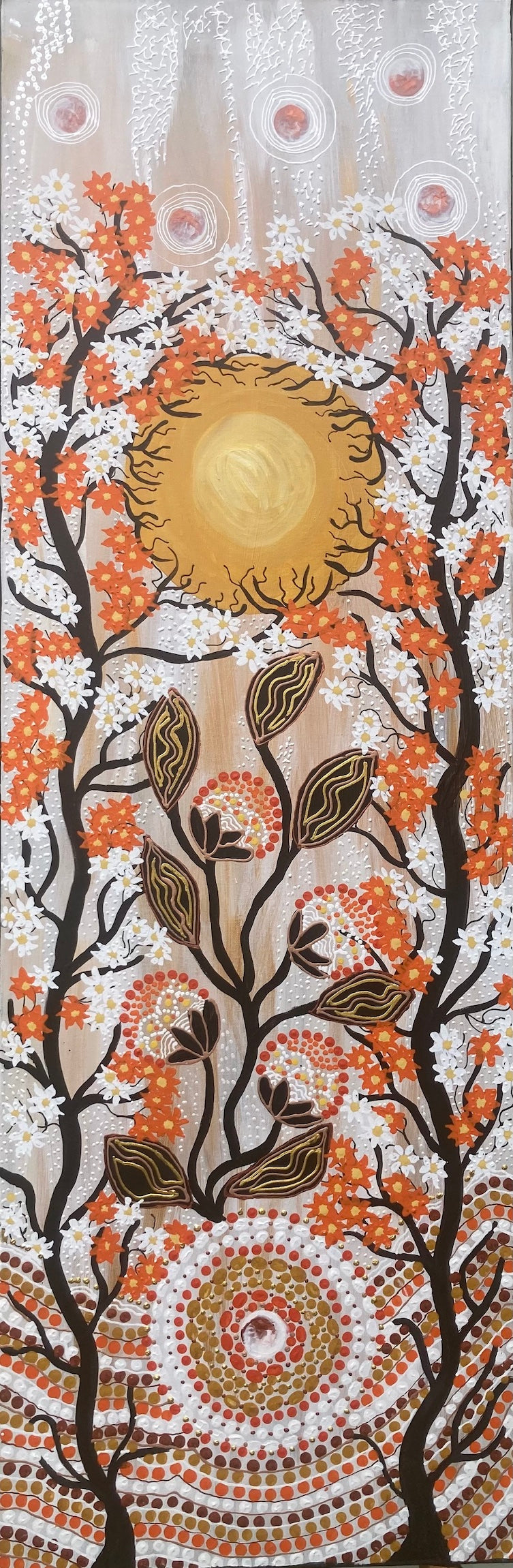 vibrant dot art acrylic painting in burnt Orange, White and Pascal colours in a bold passive style