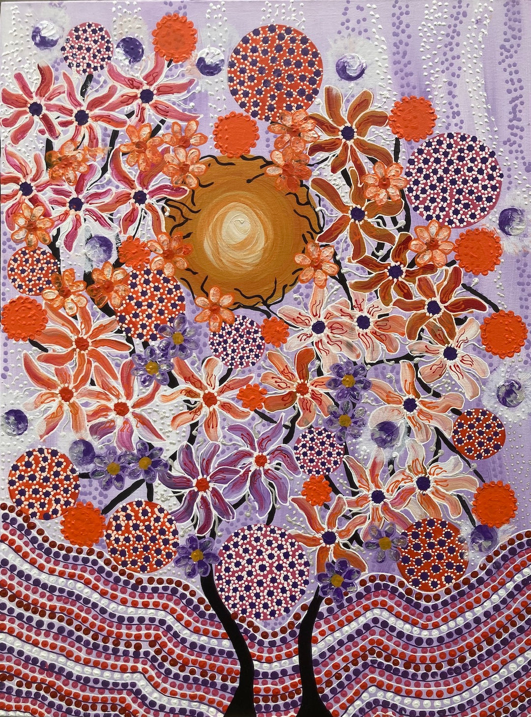vibrant dot art and line art, acrylic painting, showering a bold yet passive colourful display.
