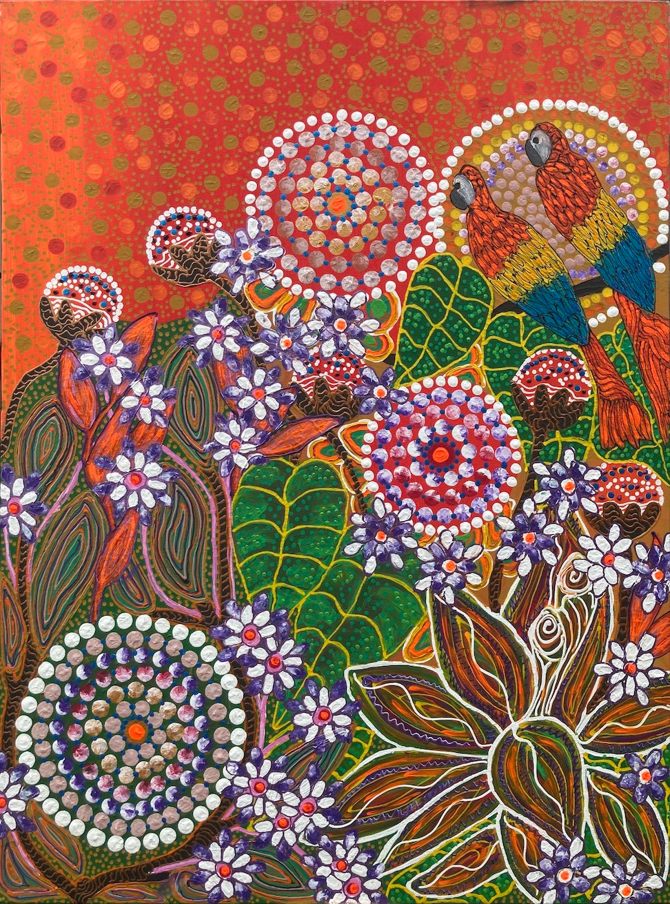 Season changing story being told by the ripening fruits and berries. Painted in acrylics on canvas.
