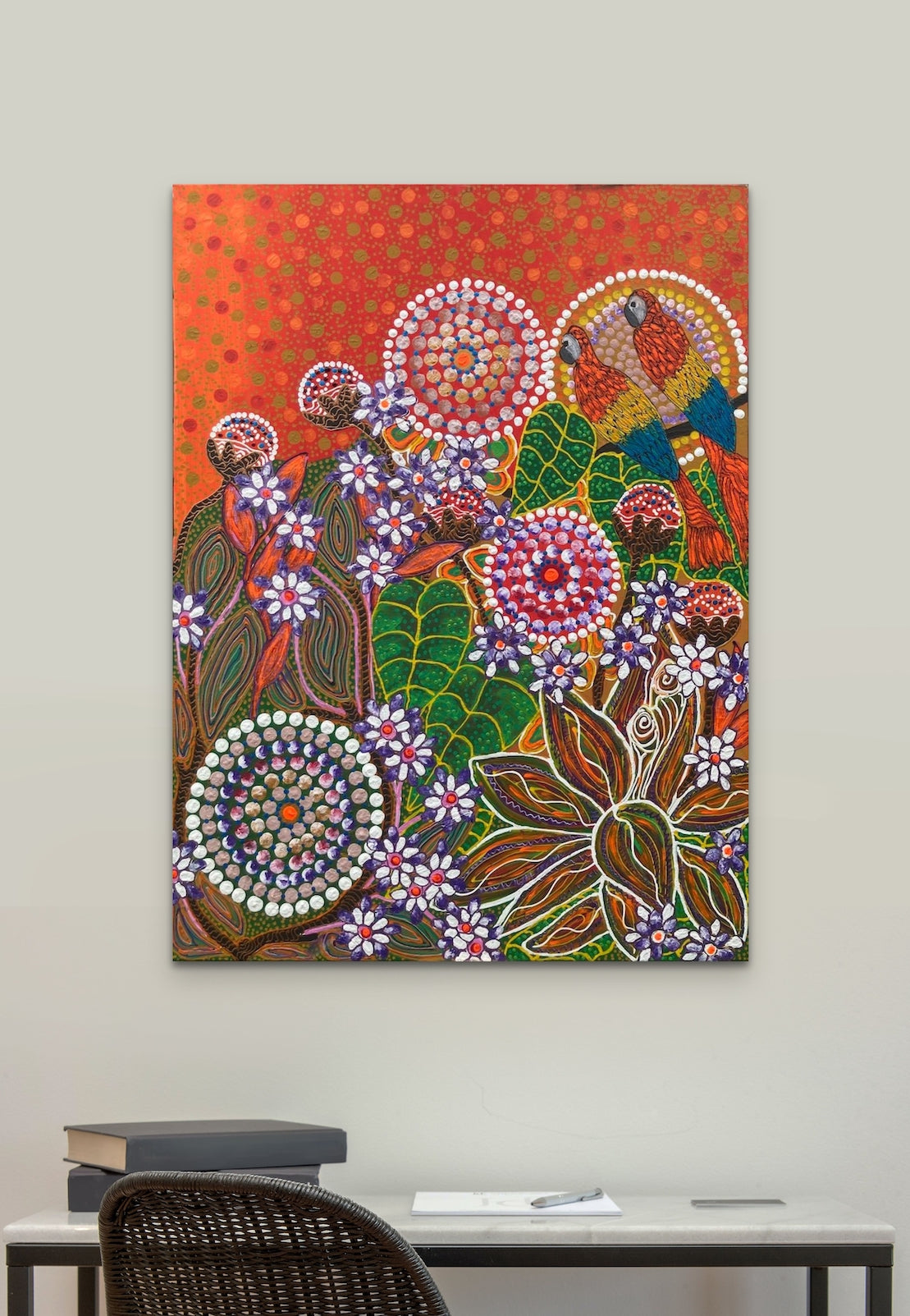 Season changing story being told by the ripening fruits and berries.Painted in acrylics on canvas.