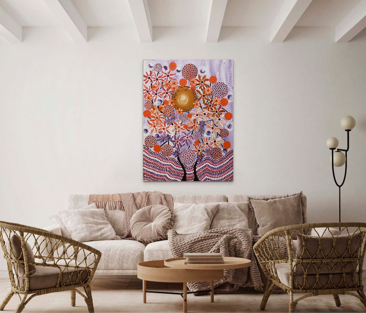 vibrant dot art and line art, acrylic painting, showering a bold yet passive colourful display.