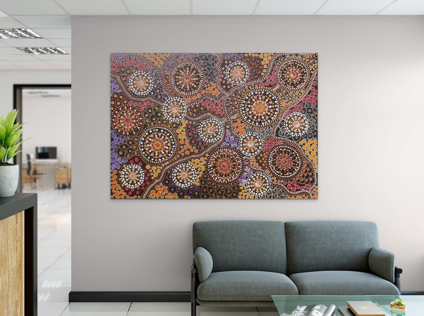 Original Aboriginal dot art acrylic painting in a balanced circular interwoven patterning design.