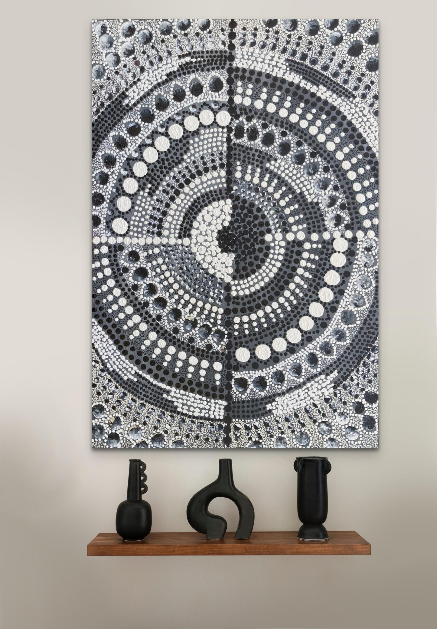 Contemporary Aboriginal dot art in symmetrical mandala design in Black and White