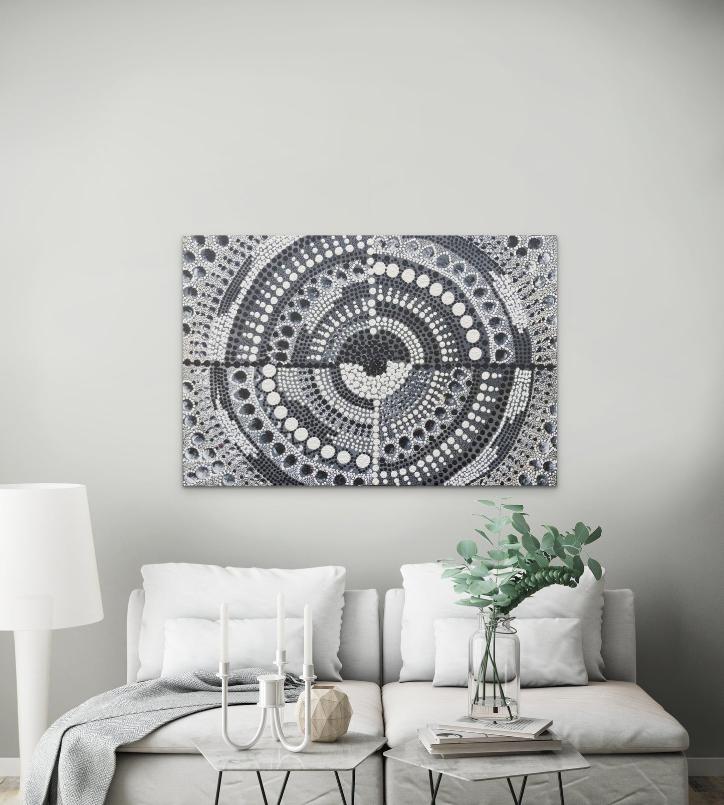 Contemporary Aboriginal dot art in symmetrical mandala design in Black and White
