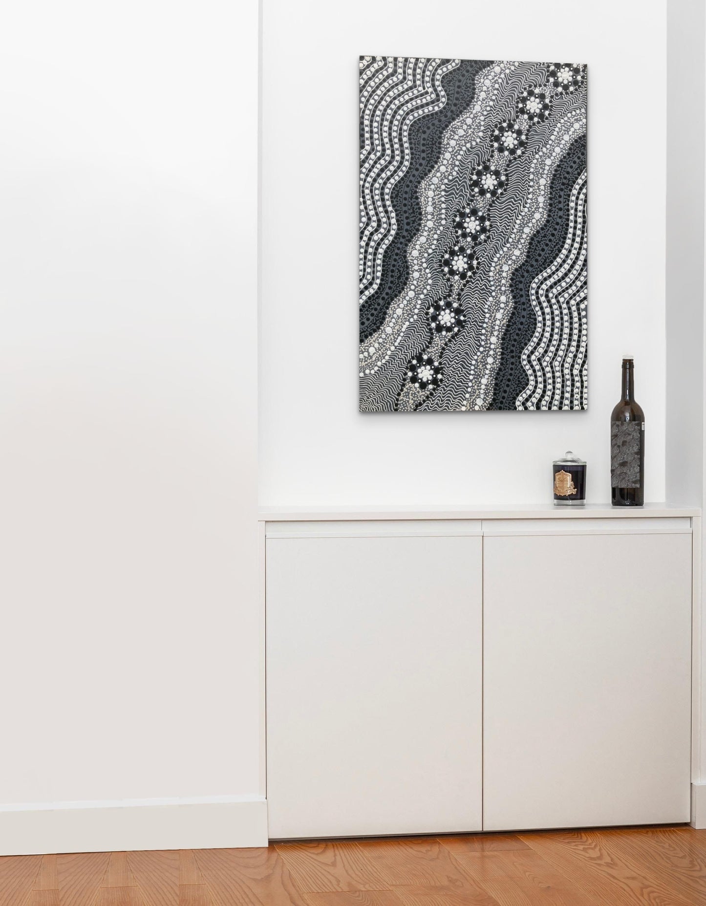 Aboriginal dot art and intricate line etching art to share story and create flowing movement.