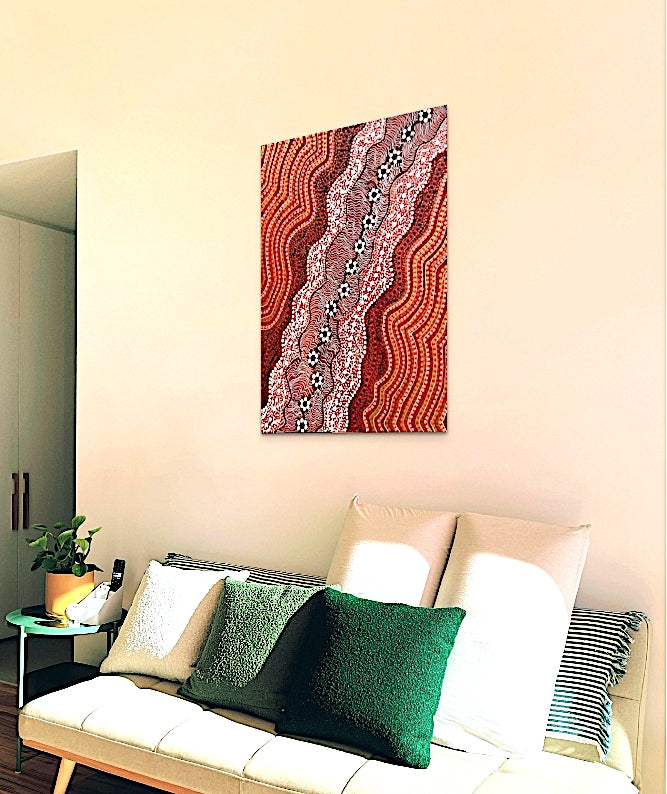 Deep earthy ochre colour and subtle line etching creates a striking contrasting dot art painting.