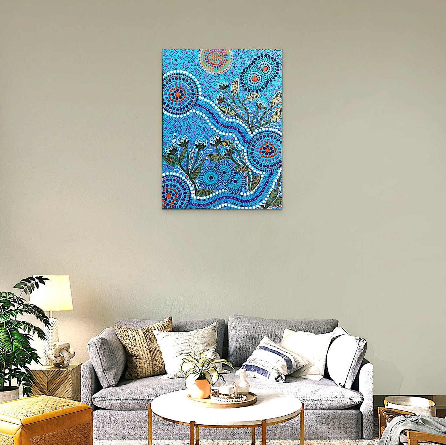 Contemporary and vibrant with strong blues and white dot art