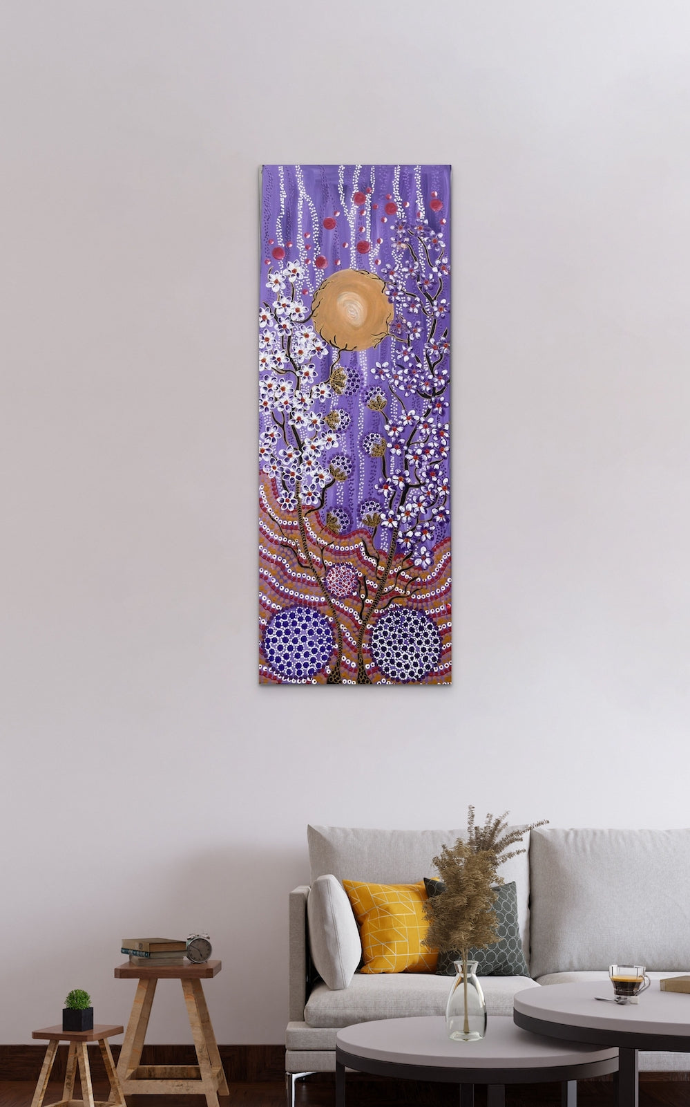 vibrant dot art acrylic painting rains down in Purple and White contrasting colours