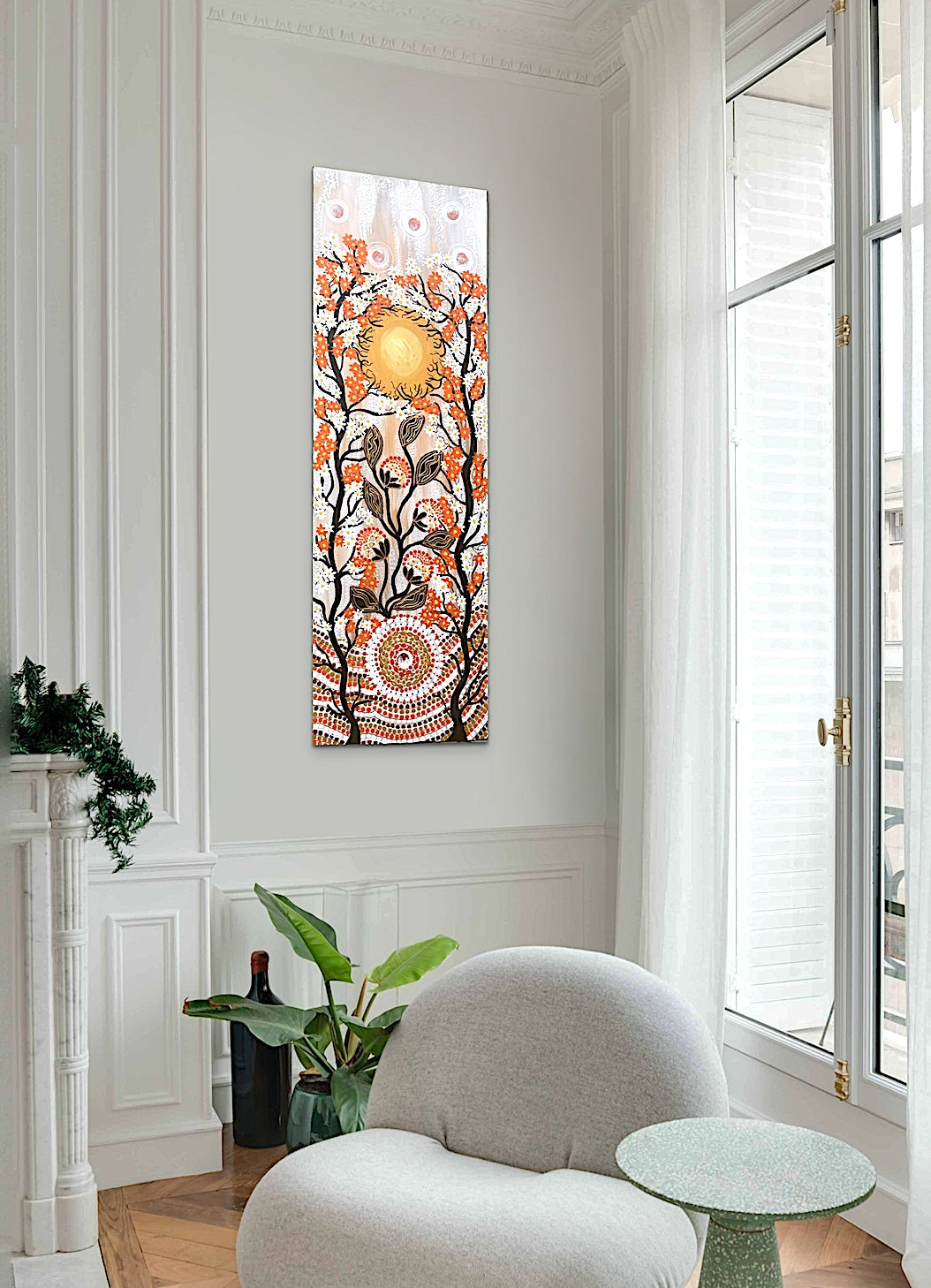 vibrant dot art acrylic painting in burnt Orange, White and Pascal colours in a bold passive style