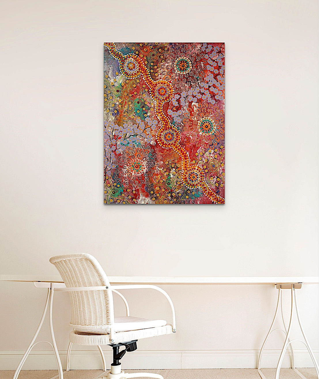 Original warm coloured traditionally styled Aboriginal dot art acrylic painting from the GleeArt
