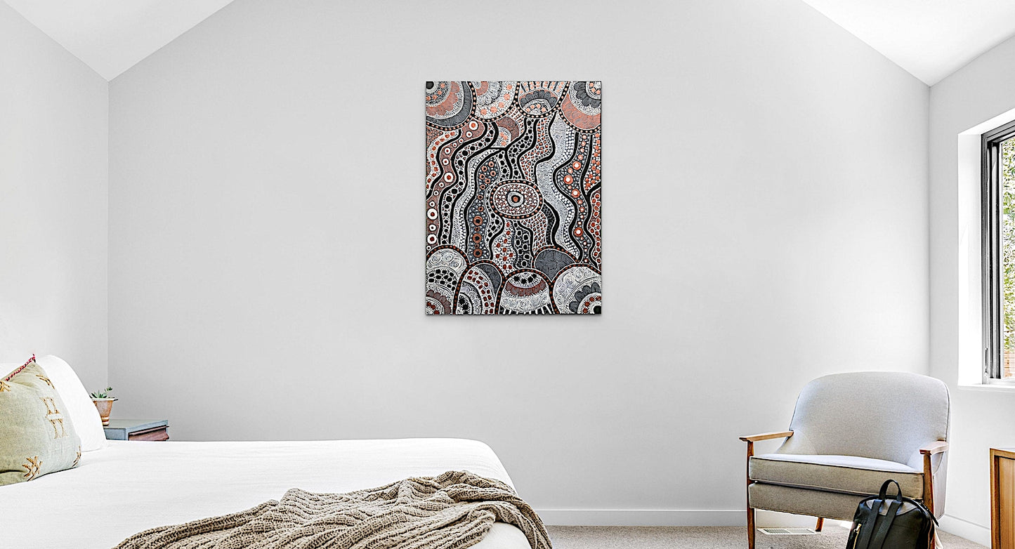 original earthy ochre coloured traditionally styled dot art acrylic painting from GleeArt